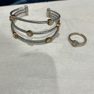 Gold and Silver Jeweled Bangle + Gold Ring with white crystal.